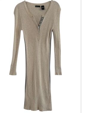 Moda Int’l Y2K Ivory Ribbed Henley Button Down Gray Striped Sides Dress Size M